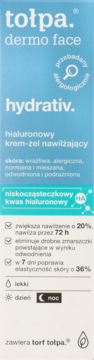 Tołpa dermo face hydrativ, hialuronowy krem-żel nawilżający w jasnoniebieskim kartoniku, widok z przodu.