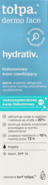 tołpa. dermo face hydrativ. hialuronowy krem nawilżający, niebiesko-beżowe opakowanie, widok z przodu, SPF 10.