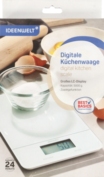 Front opakowania białej cyfrowej wagi kuchennej Ideenwelt z wyświetlaczem LCD i pojemnością 5000g.