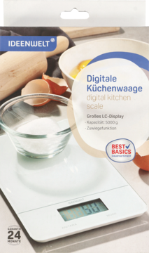 Front opakowania białej cyfrowej wagi kuchennej Ideenwelt z wyświetlaczem LCD i pojemnością 5000g.