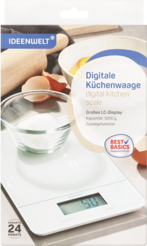 Ideenwelt cyfrowa waga kuchenna 5kg, biała, z dużym wyświetlaczem, na opakowaniu z miską cukru, widok z przodu.