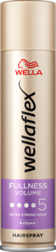Złoty lakier Wellaflex Fullness Volume, ultra mocne utrwalenie 5/5, etykieta z fioletowym tłem, widok z przodu.