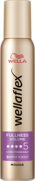 Wella Wellaflex Fullness Volume Mousse, złota puszka z fioletową etykietą, ultra mocne utrwalenie 5, widok z przodu.