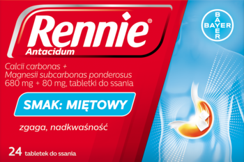 Czerwone opakowanie Rennie Antacidum Miętowe, tabletki na zgagę, 24 sztuki, widok z przodu z ilustracją żołądka.