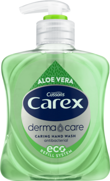 Zielona butelka mydła Carex derma care Aloe Vera, antybakteryjne, z białym dozownikiem, widok z przodu.