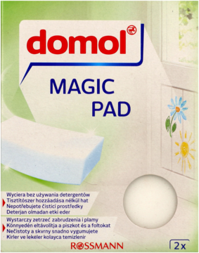 Opakowanie domol MAGIC PAD, magicznej gąbki do czyszczenia bez detergentów, biało-zielone, z widoczną gąbką.