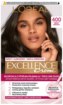 Farba L'Oréal Excellence Creme 400 Brown: opakowanie z wizerunkiem modelki o brązowych włosach. Widok frontu.