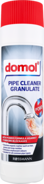 Domol Pipe Cleaner Granulate w białej butelce z czerwoną nakrętką, z logo POWER, na uporczywe zatory, widok z przodu.