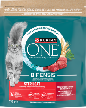 PURINA ONE Sterilcat 750g, przód opakowania karmy z szarym kotem, kawałkami wołowiny i zbożem, dla sterylizowanych.