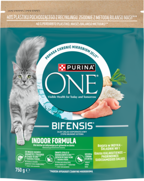 Purina ONE Bifensis Indoor Formula, karma dla kotów domowych, 750g, z szarym kotem na zielonym opakowaniu.