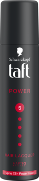 Lakier do włosów Schwarzkopf Taft Power 5 w czarnej puszce, widok z przodu, z informacją o 72h utrwalenia.
