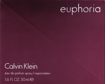 Calvin Klein Euphoria woda perfumowana, ciemnofioletowe pudełko z białym napisem, widok z przodu.