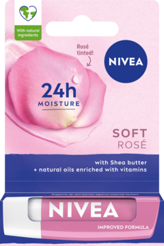 NIVEA Soft Rosé tinted lip balm, 24h moisture, in pink and white packaging with a rose petal graphic, front view.