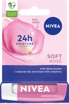 NIVEA Soft Rosé tinted lip balm, 24h moisture, in pink and white packaging with a rose petal graphic, front view.