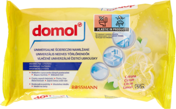 Żółte opakowanie uniwersalnych nawilżanych ściereczek domol z cytryną, kwiatami i ikonami zastosowania.