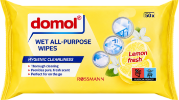domol Uniwersalne chusteczki nawilżane Wet All-Purpose Wipes Lemon fresh, 50 sztuk. Żółte opakowanie z cytrynami, widok z przodu.
