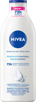 NIVEA Balsam do ciała Express Hydration 72h Moisture, biała butelka z niebieską nakrętką, widok z przodu.