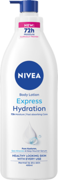 Biała butelka NIVEA Express Hydration 400ml z niebieską pompką. Z przodu informacja o 72h nawilżeniu i składzie.