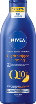 Nivea Q10 Ujędrniające Mleczko do ciała w granatowej butelce, widok z przodu, z pomarańczowymi detalami.