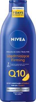 Nivea Q10+C ujędrniające mleczko do ciała, granatowa butelka, napis '7 DAYS TO FIRMER SKIN', widok z przodu.