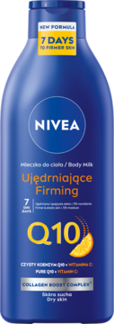 Nivea Q10+C ujędrniające mleczko do ciała dla suchej skóry, '7 dni do jędrniejszej skóry', niebieska butelka, widok z przodu.