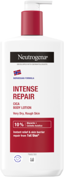 Neutrogena Intense Repair Cica Body Lotion w białej butelce z czerwonym dozownikiem, widok z przodu, na etykiecie napis "Intense Repair".