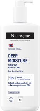Neutrogena Deep Moisture Sensitive Body Lotion, biała butelka z pompką, widok z przodu, do skóry suchej i wrażliwej.