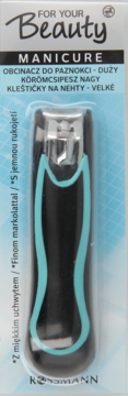 Duży obcinacz do paznokci For Your Beauty z czarno-turkusowym uchwytem, zapakowany w blister.