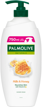 Palmolive Naturals Miód i Mleko 750ml, kremowy żel pod prysznic. Biała butelka z pompką, odżywia skórę, witamina E.