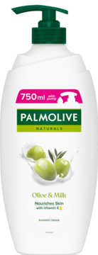 Palmolive Naturals Olive & Milk 750ml, biały kremowy żel pod prysznic z pompką, nawilżający, widok z przodu.