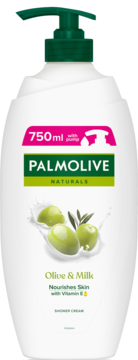 Palmolive Naturals Olive & Milk 750ml, biały kremowy żel pod prysznic z pompką, nawilżający, widok z przodu.