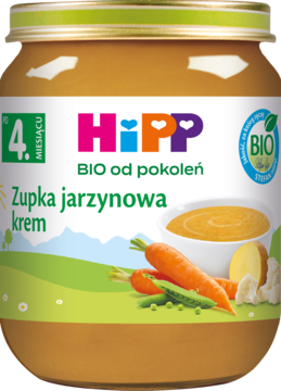 Słoik HiPP Zupka jarzynowa krem dla niemowląt, z ilustracją warzyw i logo BIO, widok z przodu.