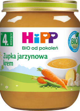 Słoik HiPP Zupka jarzynowa krem dla niemowląt, z ilustracją warzyw i logo BIO, widok z przodu.