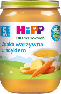 Słoiczek HiPP BIO z żółtą zupką warzywną z indykiem, dla niemowląt po 5. miesiącu, widok z przodu.