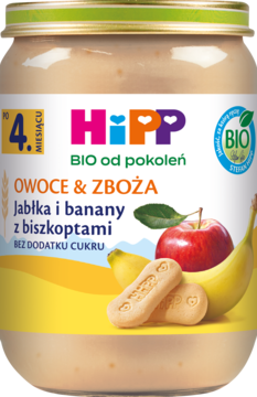 Słoik HiPP BIO Owoce & Zboża jabłka, banany, biszkopty. Dla niemowląt 4m+, bez cukru. Widok z przodu.