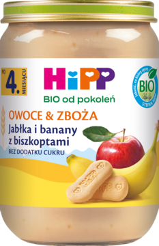 Słoik HiPP BIO Owoce & Zboża jabłka, banany, biszkopty. Dla niemowląt 4m+, bez cukru. Widok z przodu.