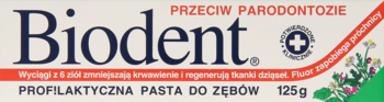 Biodent, profilaktyczna pasta do zębów przeciw paradontozie. Białe opakowanie 125g, widok z przodu.