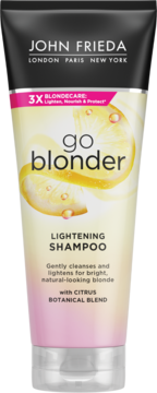 Tubka John Frieda Go Blonder Lightening Shampoo z czarną nakrętką i cytrynowym motywem, widok z przodu.