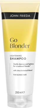 Szampon John Frieda Go Blonder Lightening w żółto-białej tubce 250ml, do włosów blond, widok z przodu.