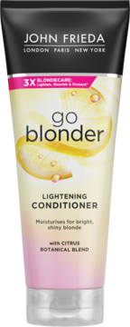 John Frieda Go Blonder rozjaśniająca odżywka w tubie, żółto-różowe opakowanie z cytryną, widok z przodu.