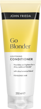 John Frieda Go Blonder Lightening Conditioner, żółto-biała tubka 250ml, widok z przodu, do włosów blond.