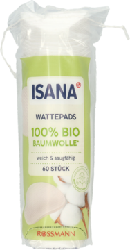 Isana 100% bio bawełniane płatki kosmetyczne, 60 sztuk, w przezroczystym opakowaniu z zieloną etykietą.