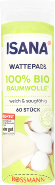 Isana Wattepads, 100% organiczne bawełniane płatki kosmetyczne, miękkie i chłonne, zielono-białe opakowanie, front.