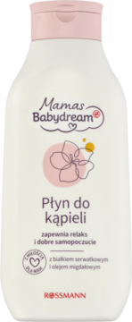 Mamas Babydream Płyn do kąpieli, biała butelka z różową nakrętką, dla relaksu, z białkiem i migdałowym olejem.
