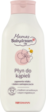 Mamas Babydream Płyn do kąpieli, biała butelka z różową nakrętką, dla relaksu, z białkiem i migdałowym olejem.