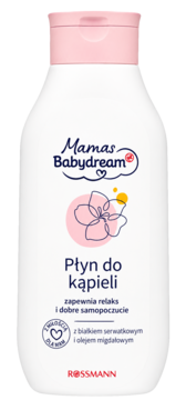Mamas Babydream Płyn do kąpieli, biała butelka z różową nakrętką i kwiatem, widok z przodu, dla relaksu.