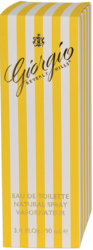 Pudełko Giorgio Beverly Hills Eau de Toilette 90 ml, żółto-białe paski, widok z przodu i z boku.