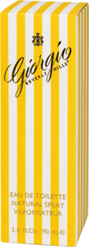 Pudełko perfum Giorgio Beverly Hills Eau de Toilette 90 ml, żółto-białe pionowe pasy, widok z przodu.