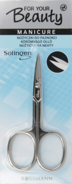 Srebrne nożyczki do paznokci For Your Beauty Solingen w opakowaniu Rossmann, widok z przodu.