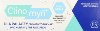 Clinomyn Fresh Mint, pasta dla palaczy, białe pudełko z błękitnymi akcentami, widok z przodu, usuwa plamy.